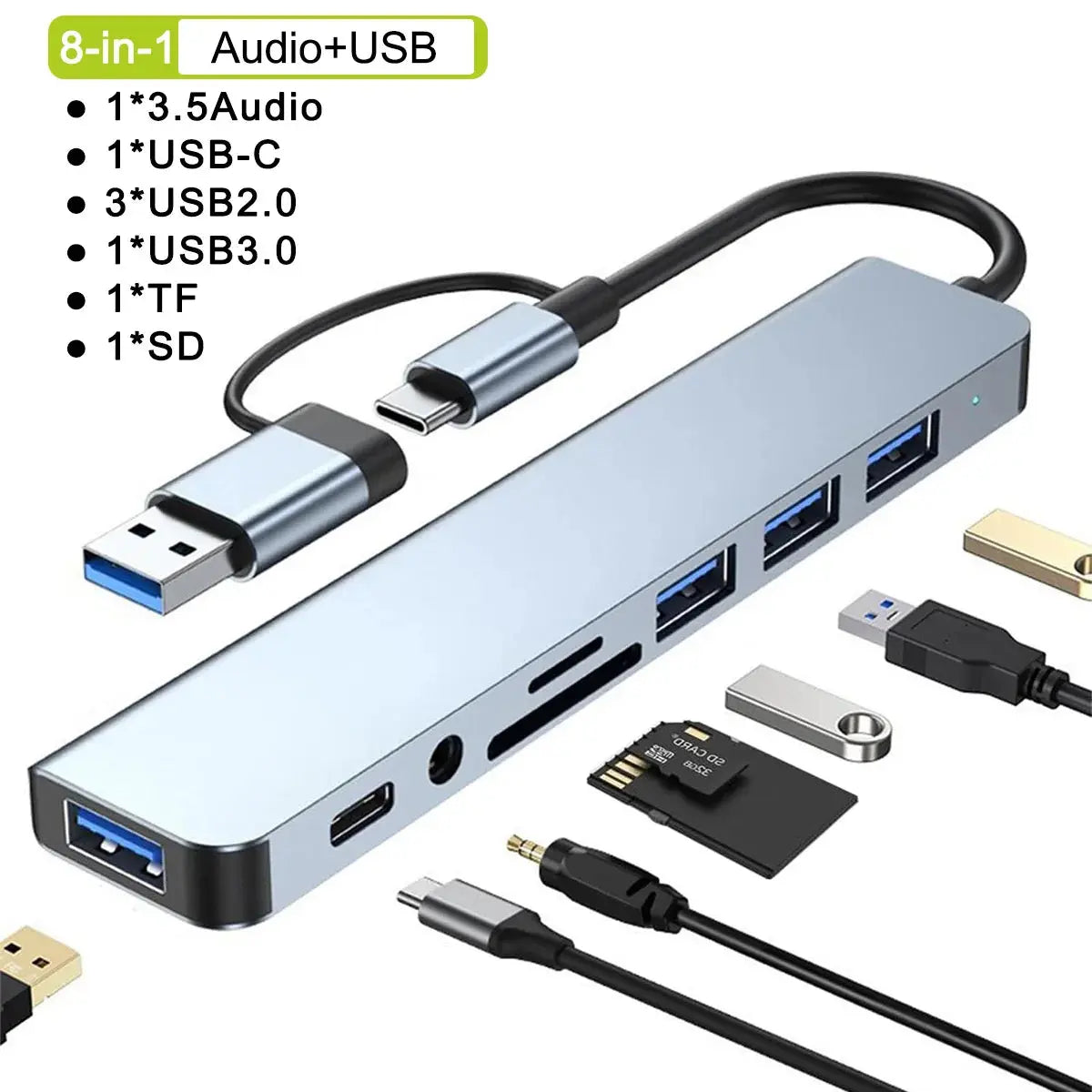Multifunctional USB hub with various connectors on a white background