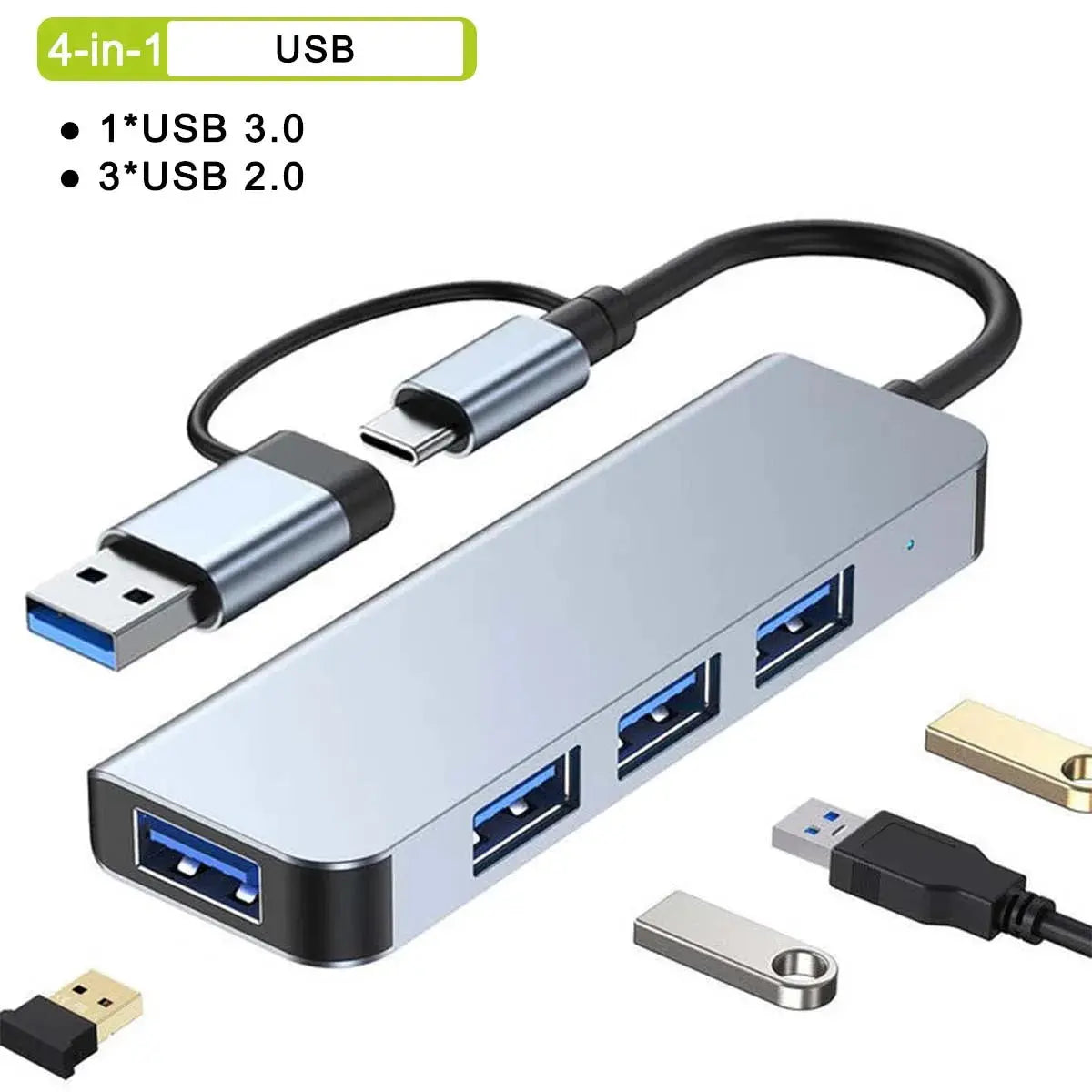 4-in-1 USB hub with multiple USB connectors on a white background
