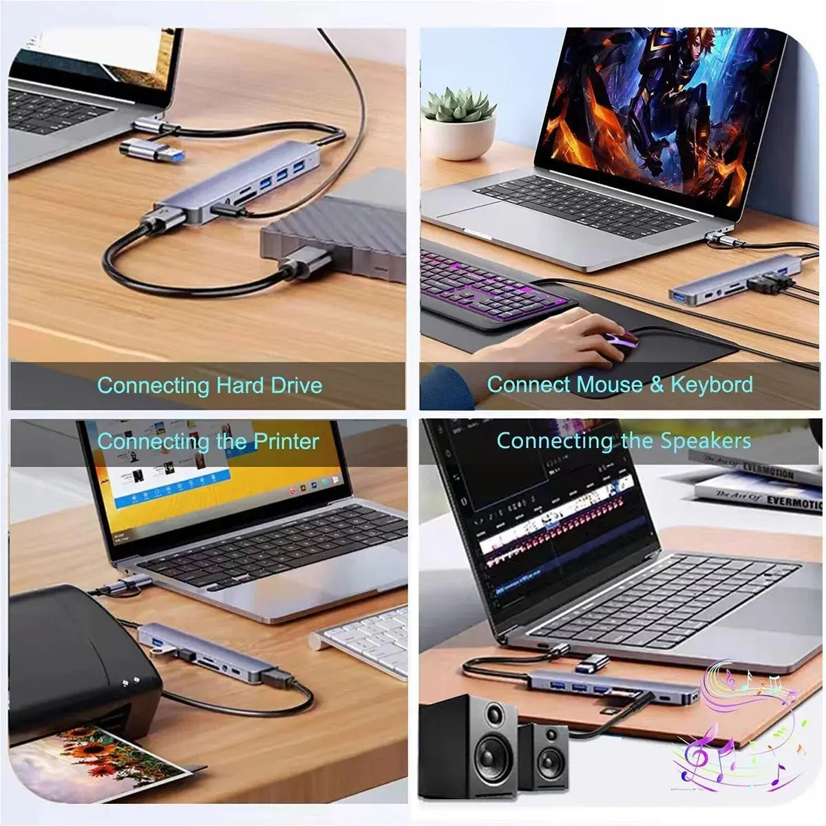 Collage of a laptop setup with various peripherals on a desk.