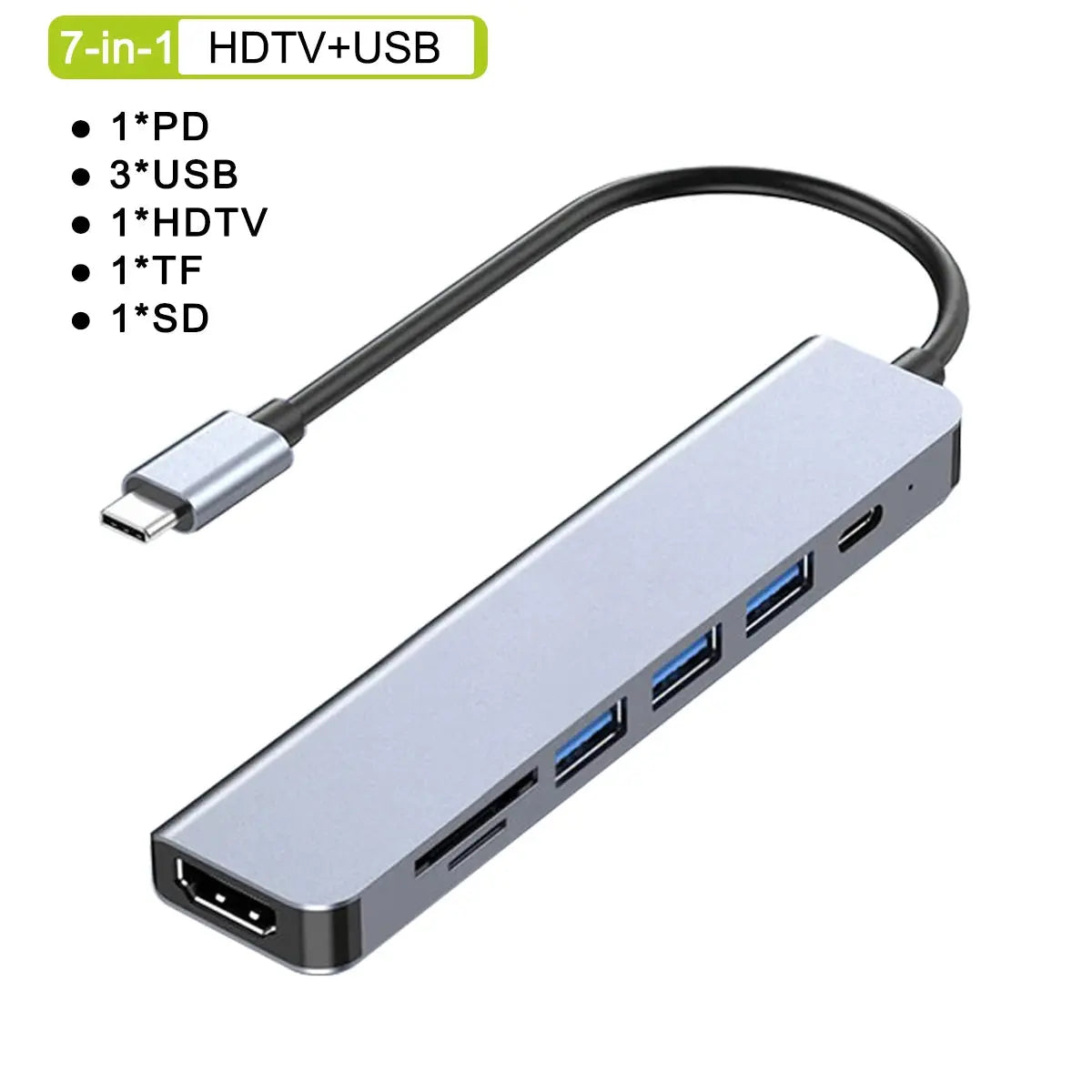 7-in-1 USB hub with multiple ports on a white background
