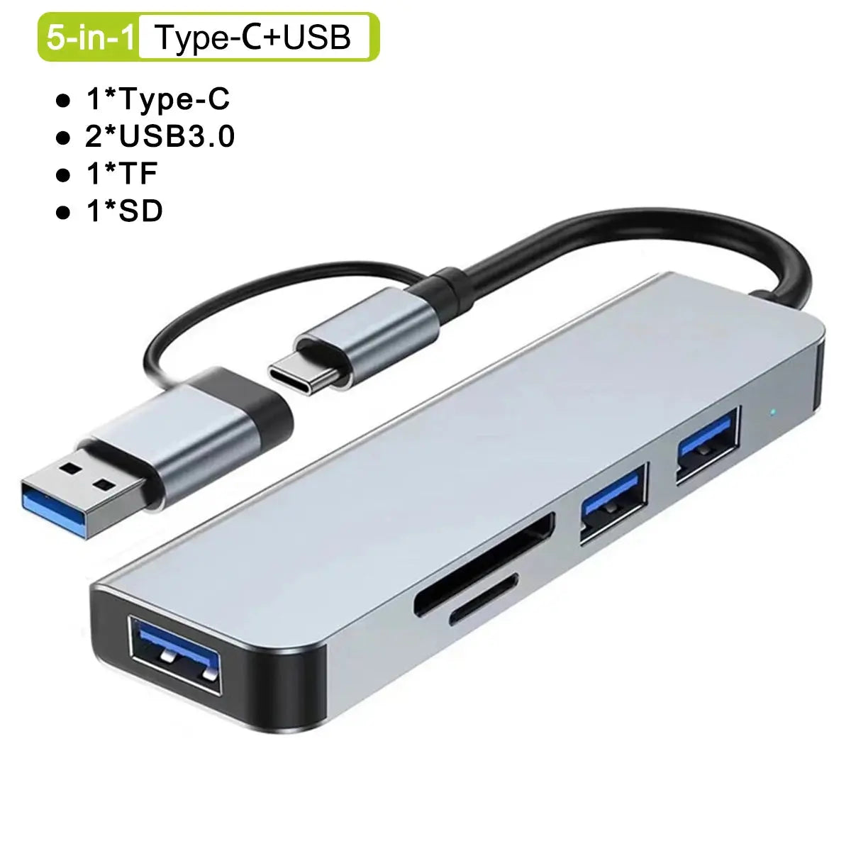 5-in-1 Type-C and USB hub with multiple ports on a white background
