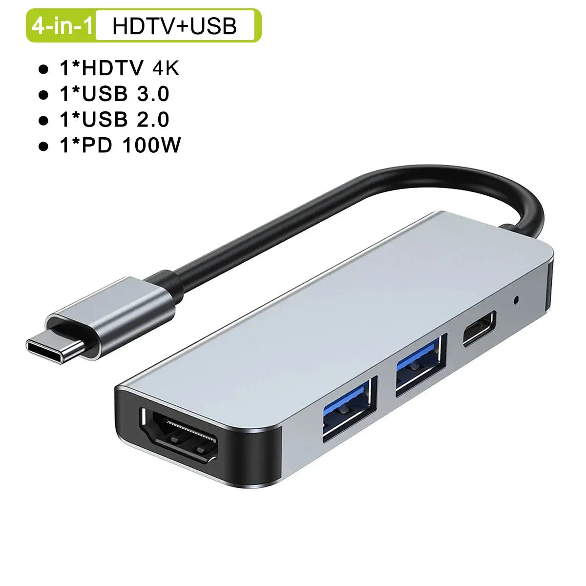 4-in-1 HDTV+USB adapter with multiple ports on a white background