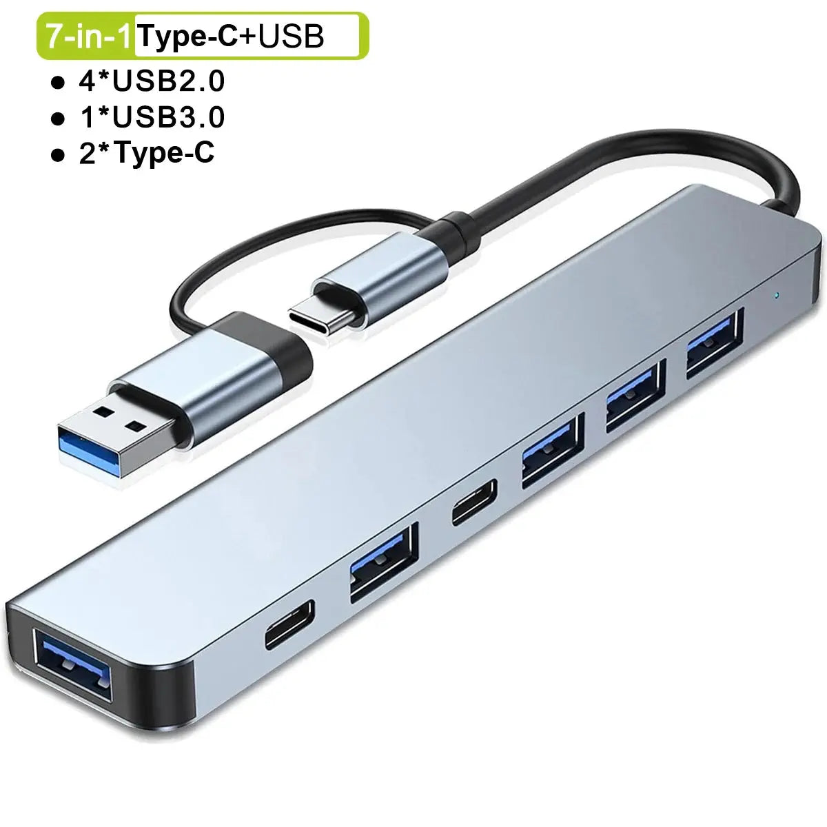 7-in-1 Type-C and USB hub with multiple ports on a white background