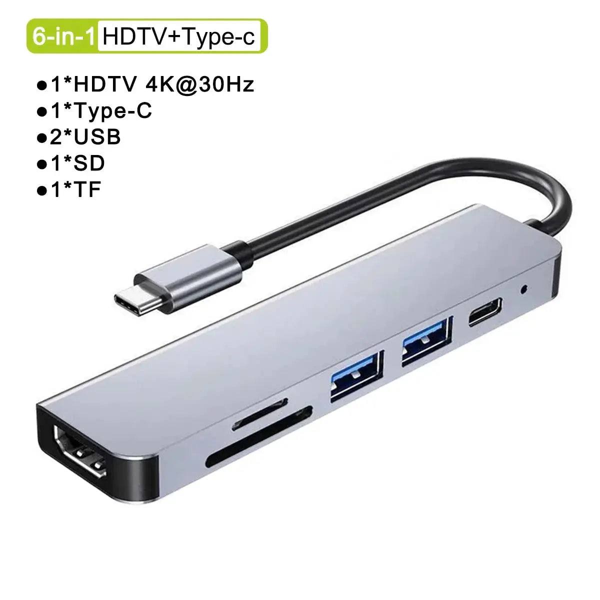 6-in-1 HDTV + Type-C adapter with multiple ports on a white background