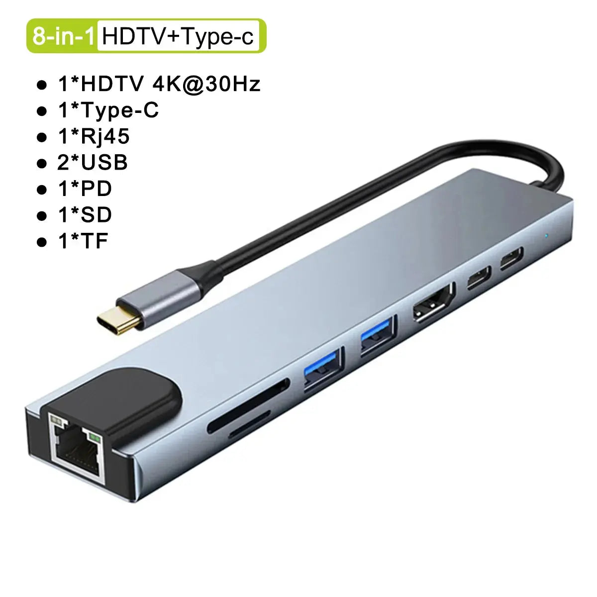 8-in-1 HDTV + Type-C adapter with multiple ports on a white background