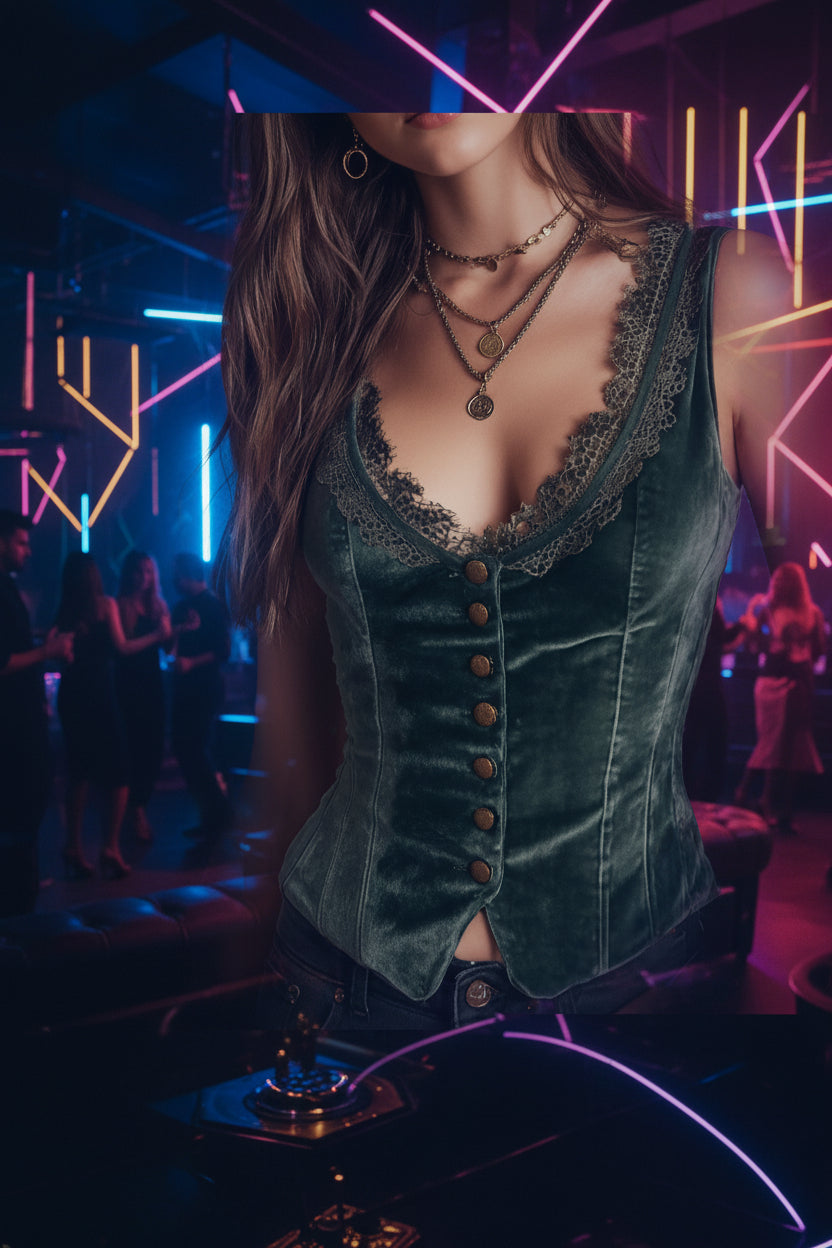 Front view of the women's retro green velvet lace trim slim-fit tank top featuring antique brass buttons