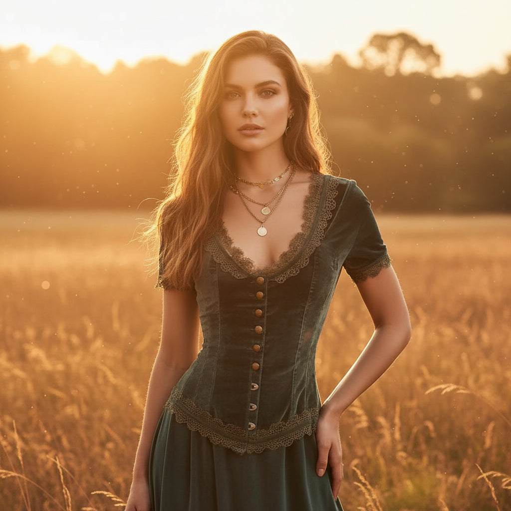 tyled look featuring the retro green velvet lace trim tank top with high-waisted denim