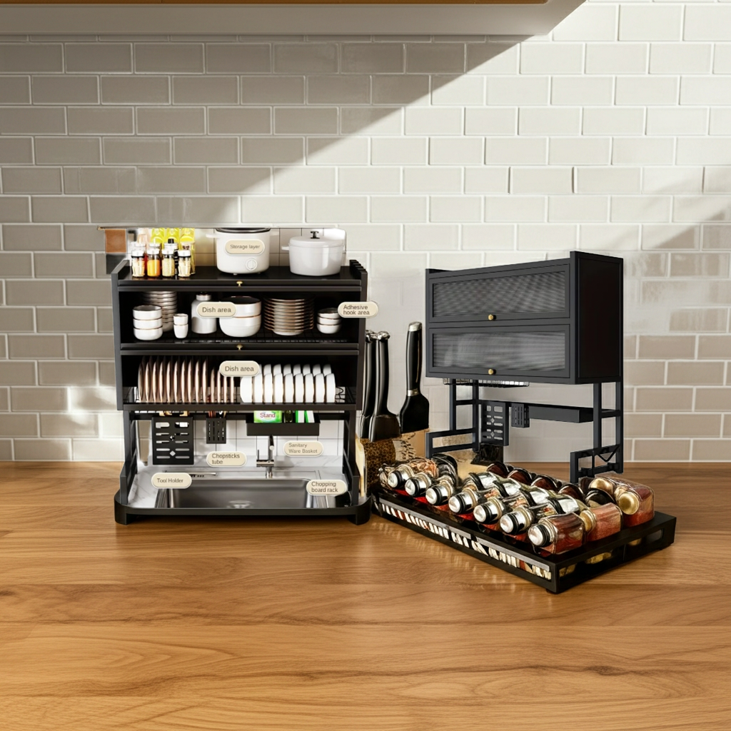 2-3 Tier Adjustable Metal Spice Rack & Knife Storage