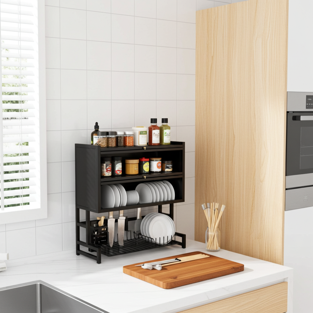2-3 Tier Adjustable Metal Spice Rack & Knife Storage