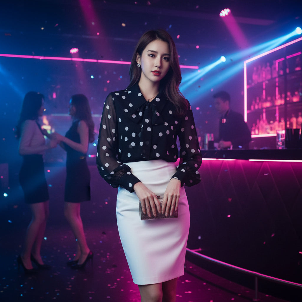 Woman styled in casual summer festival outfit wearing black sleeveless bow-tie top