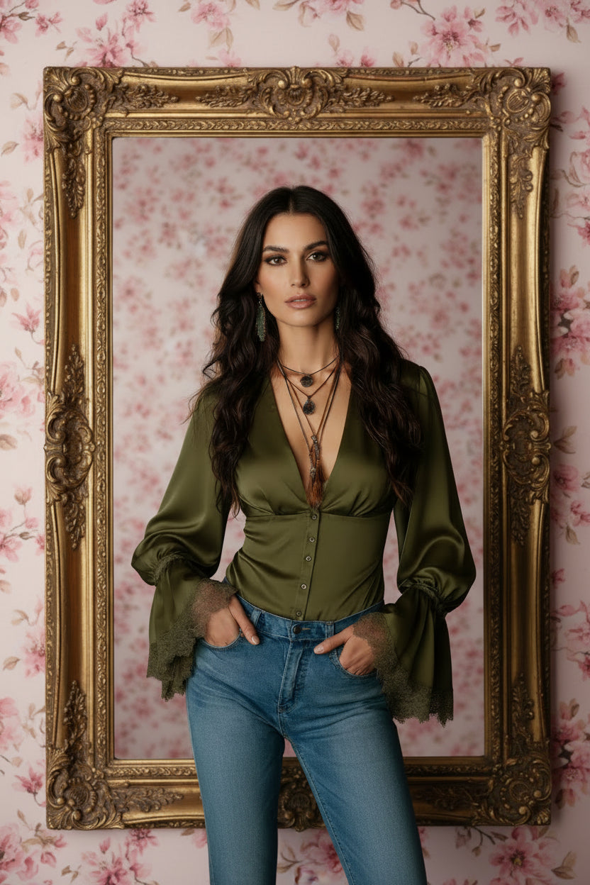 Army green vintage style V-neck bell sleeve top for women