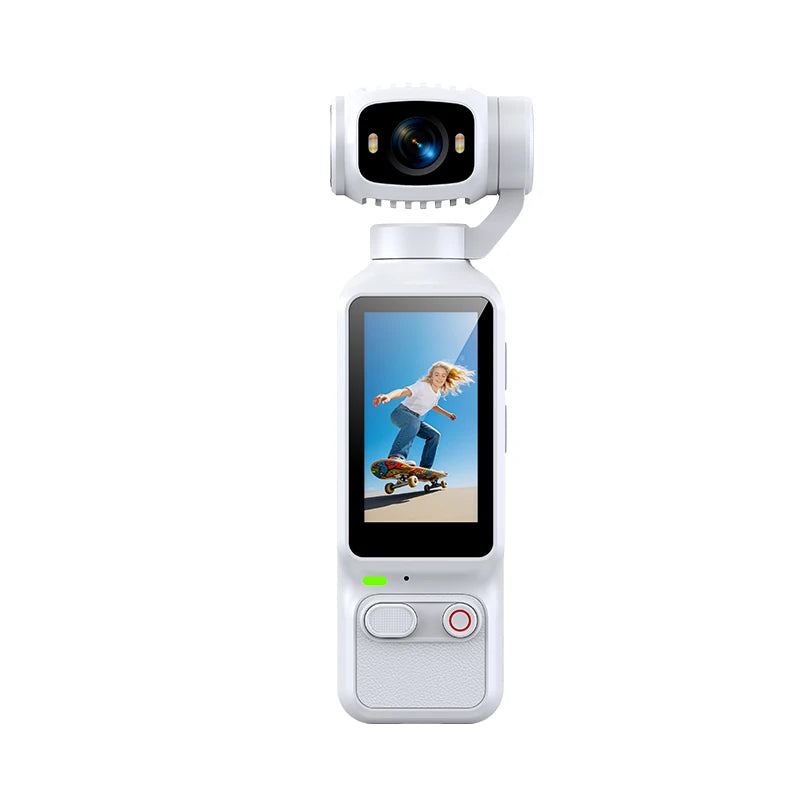 Front view of a sleek white compact handheld gimbal camera with a clear live preview screen showing a girl riding a skateboard.