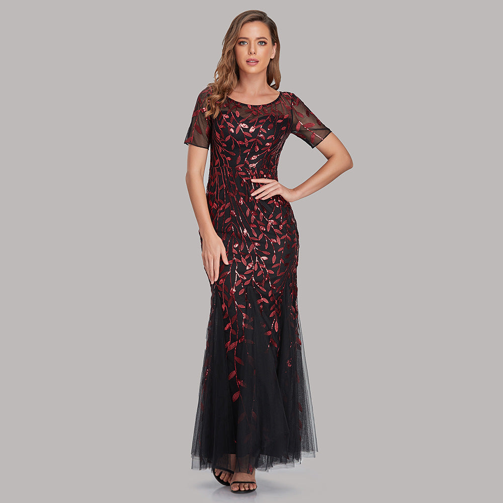 Women's black red sequin evening dress - European style long formal gown