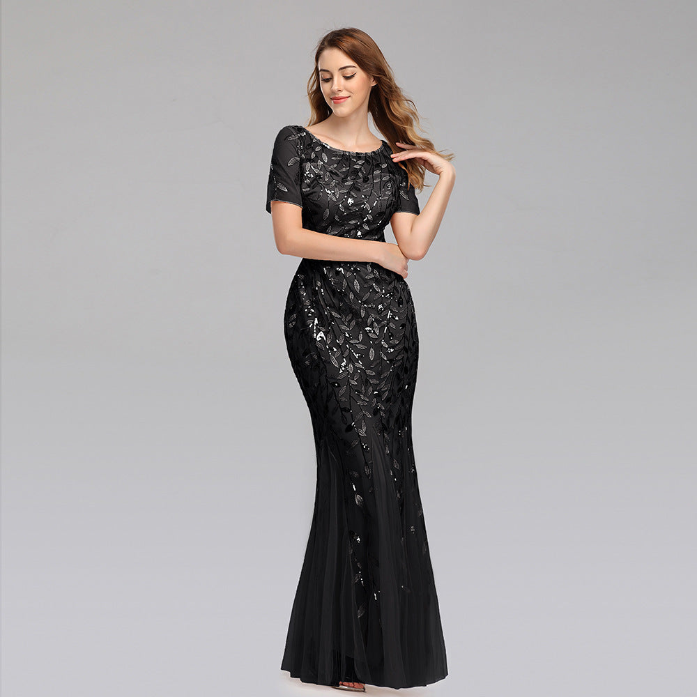 Women's black sequin evening dress - European style formal party gown