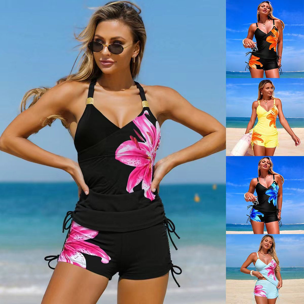 Women's conservative two-piece swimsuit front view in black with pink floral pattern