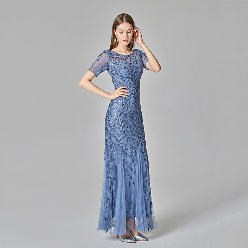 Women's light blue sequin evening dress - elegant round neck formal dress