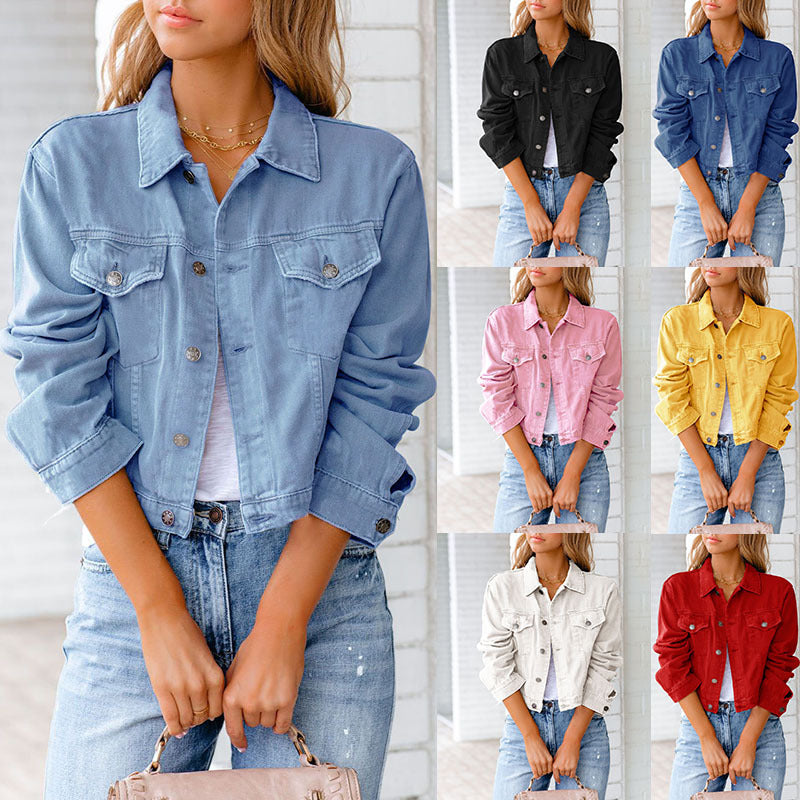 Collage of women wearing the casual short denim jacket in light blue and multiple other color variants