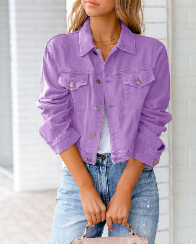 Young woman wearing the casual short denim jacket in purple with lapel collar and button closure