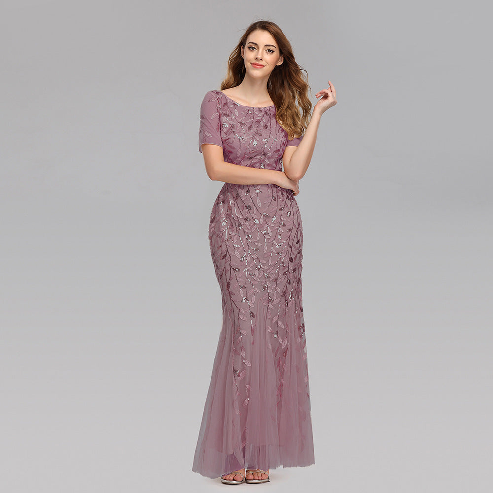Women's lotus pink sequin evening dress - embroidery detail maxi gown