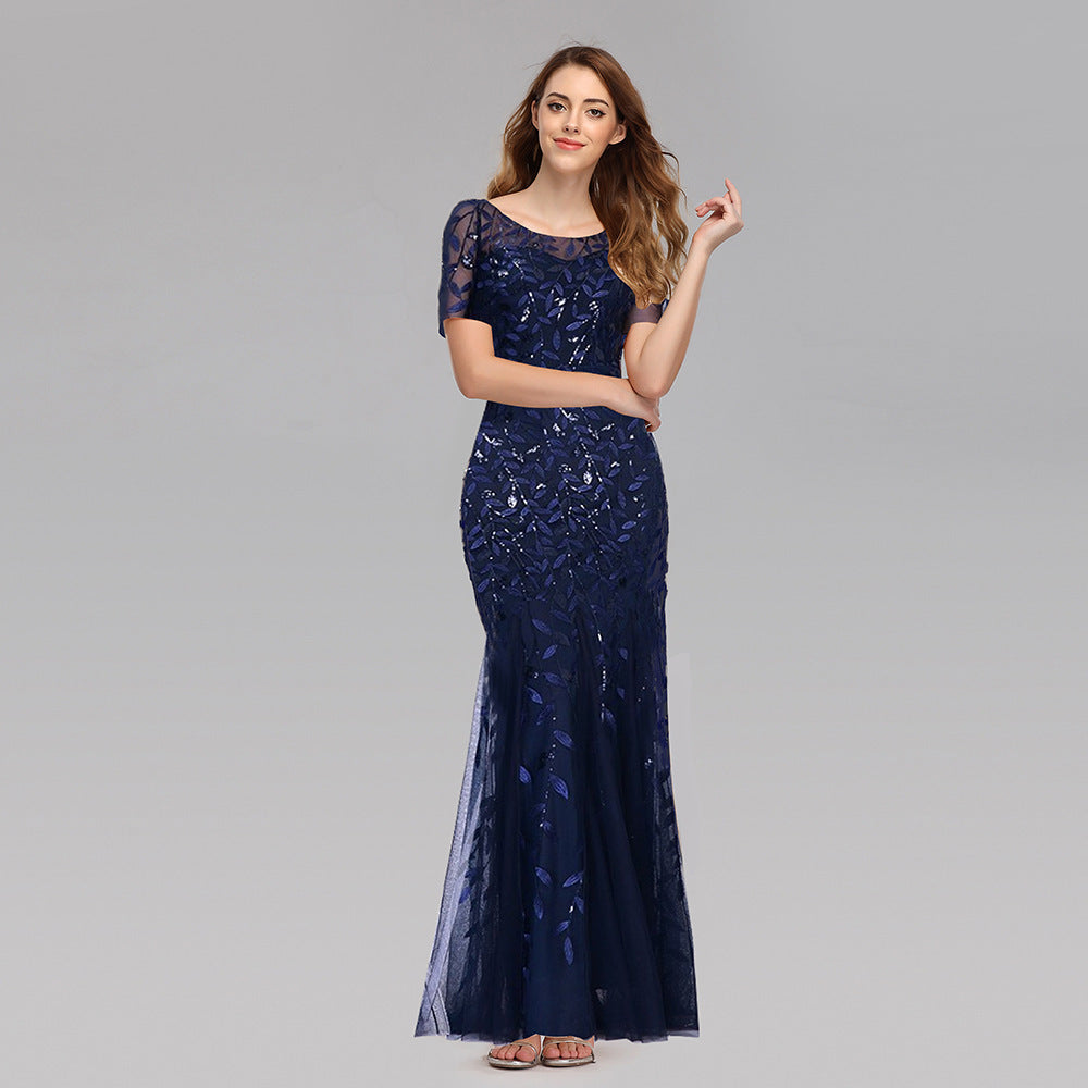 Women's navy sequin evening dress - short sleeve maxi gown plus size