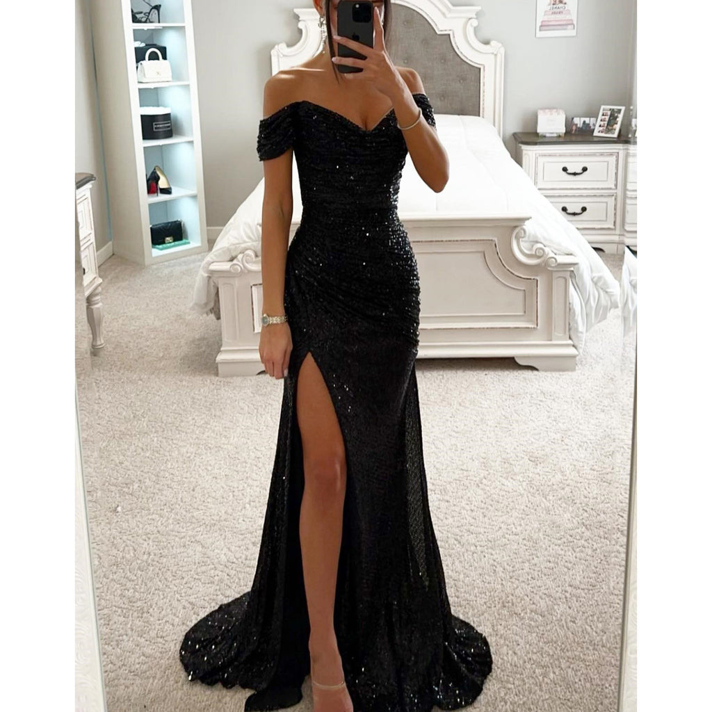 Women's black off-shoulder sequin split maxi gown