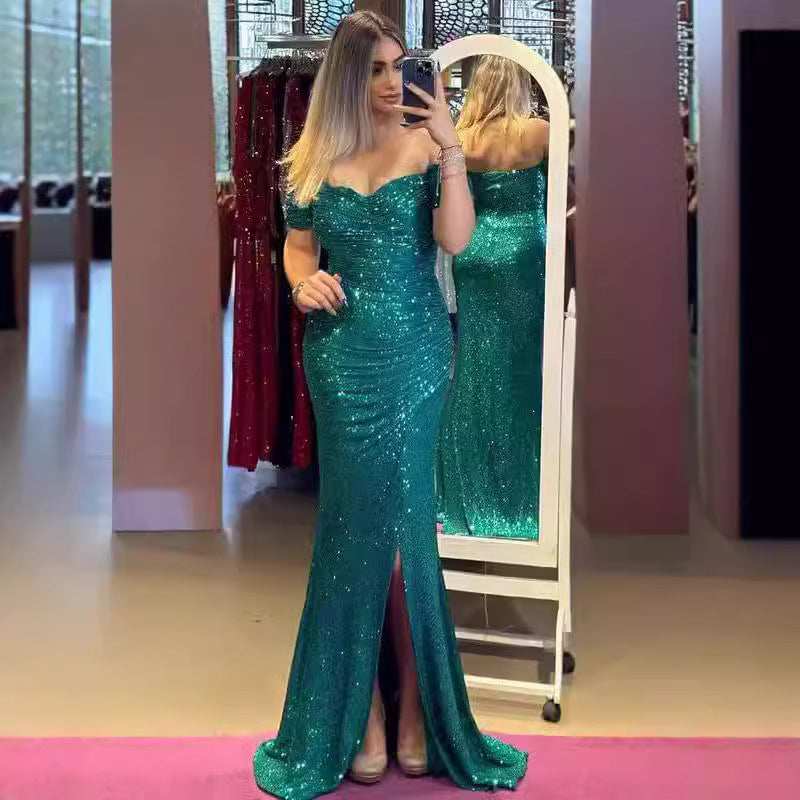 Women's green off-shoulder sequin split maxi gown