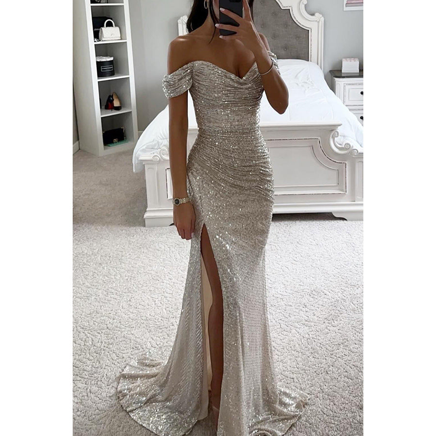 Women's silver off-shoulder sequin split maxi gown