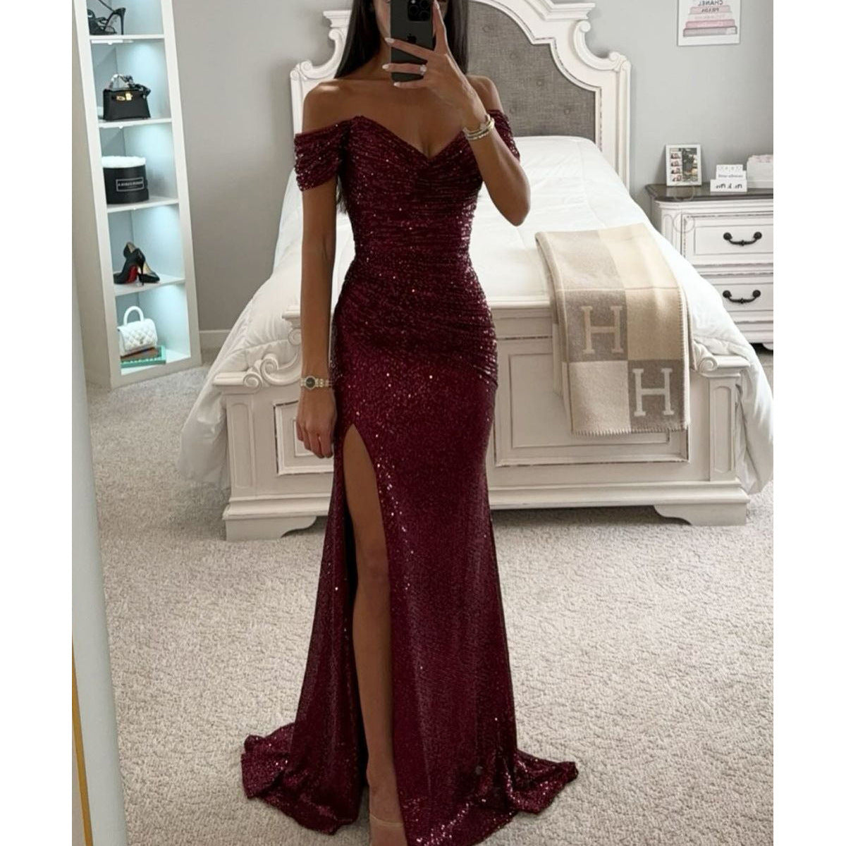 Women's wine red off-shoulder sequin split maxi gown