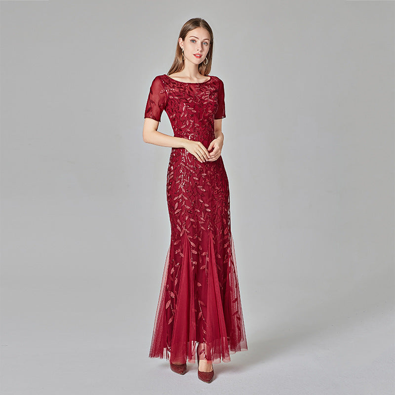 Women's red wine sequin evening dress - elegant embroidery formal gown