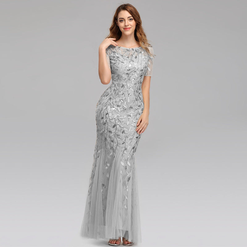 Women's silver sequin evening dress - elegant maxi gown for formal events
