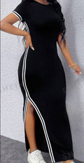 Women's black striped trim split thigh longline bodycon dress